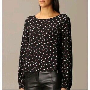 Armani Exchange Women's Small Lipstick Print Blouse Crepe Long Sleeve Black